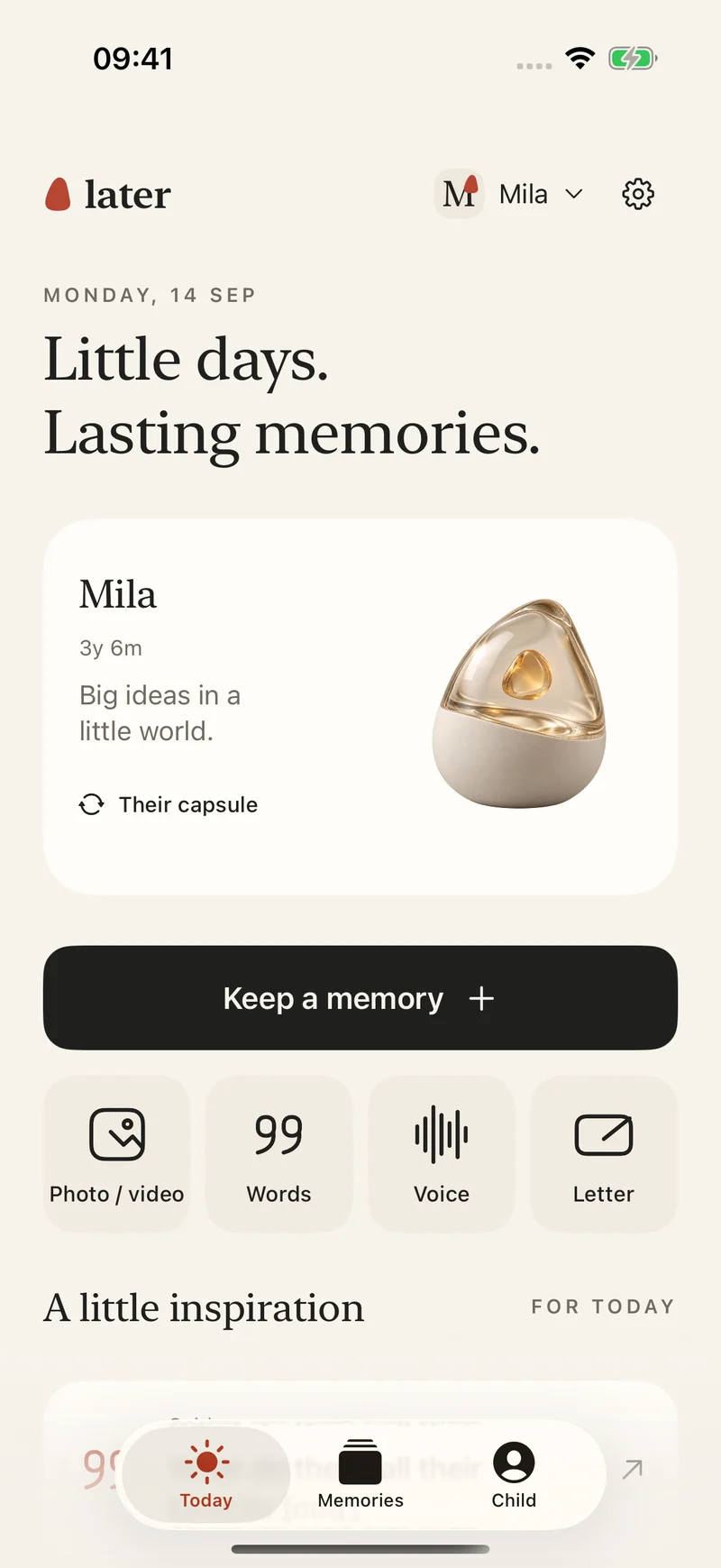Later iPhone app with a child’s memory capsule and photo, words, voice, and letter capture
